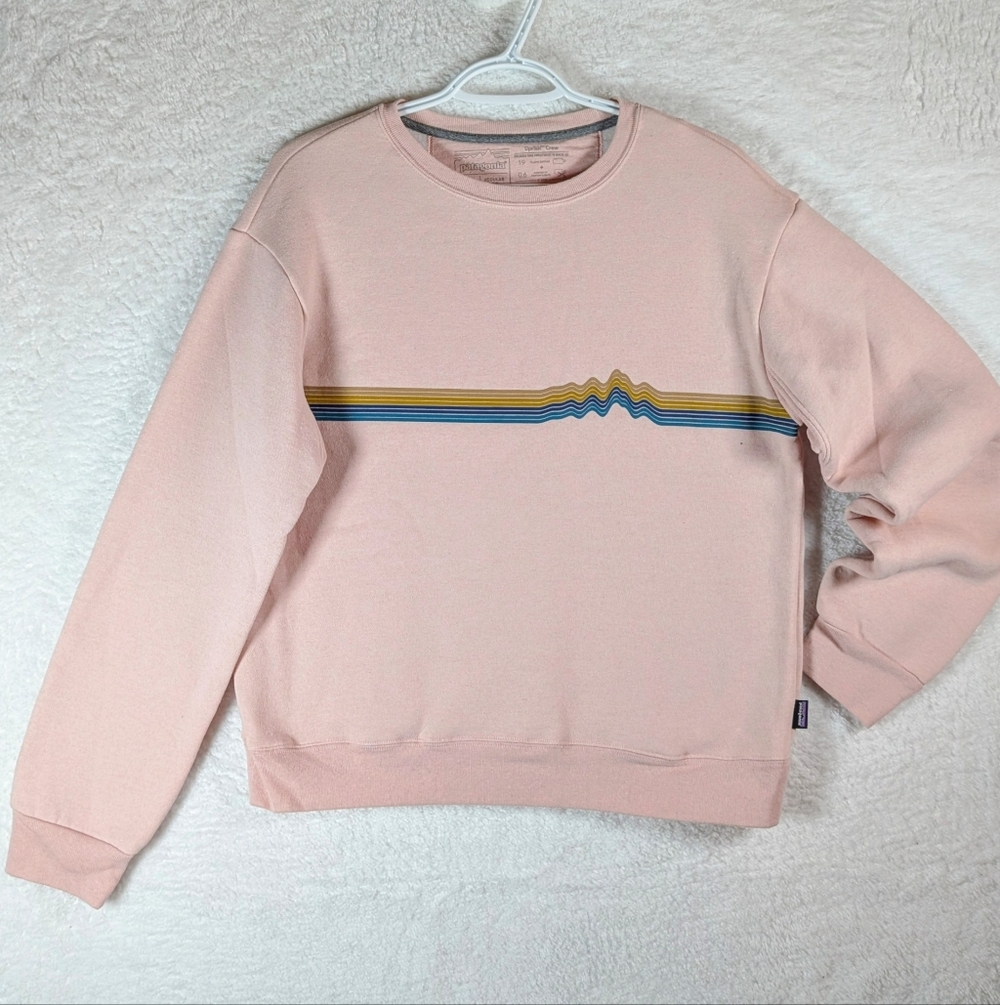 Patagonia Pink Crewneck Sweatshirt with Blue and Yellow Stripe